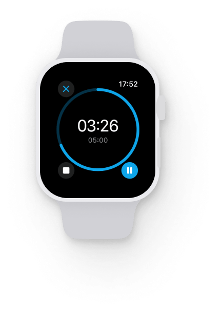 A smart watch screen displaying a countdown timer for a cold plunge session. The timer shows 3 minutes and 26 seconds remaining out of 5 minutes, with a circular progress bar. There are pause and stop buttons.